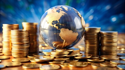Global Finance Theme, Globe resting on coins ,Represents money and wealth concepts background
