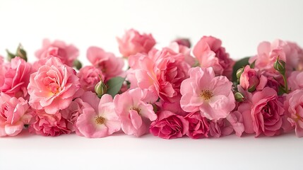 bed of roses large bunch of colorful pink flowers buds petals and leaves loosely spread on a surface isolated over a white background love Valentines or botanical design element : Generative AI