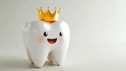 A 3D cute tooth wearing a tiny crown, shining brightly on a white background