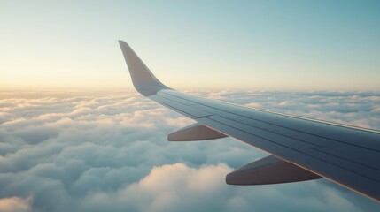 Obraz premium Close-up of an airplane wing flying above the clouds, travel concept.