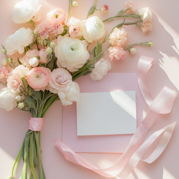 Elegant Pink and White Floral Bouquet with Blank Card, Perfect for Weddings or Anniversaries