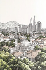 Obraz premium Ipoh, Malaysia, black and white pen pencil hand-drawn effect portrait drawing illustration for travel poster, card, wallpaper, backdrop or banner. Modern, clear, artistic and simple