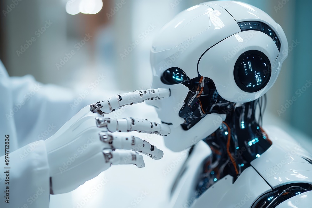 Poster the future of robotics: a close-up image of a humanoid robot's face, meticulously crafted with detai