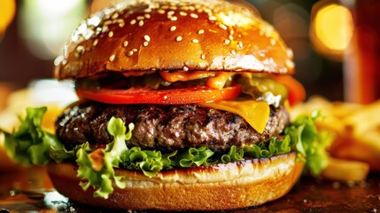 Juicy Burger Cravings: A close-up of a towering burger, oozing with melted cheese and piled high with fresh toppings, promises a delicious and satisfying dining experience. 