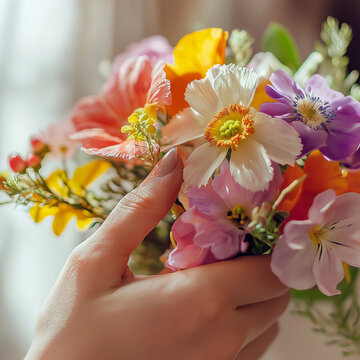 Hand Holding a Bright Spring Wildflower Bouquet in Soft Light
