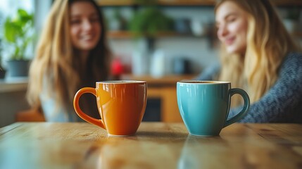 Cozy morning girls friends talking over a cup of coffee in a bright kitchen Two women spend time peacefully on a sunny day with mugs of tea : Generative AI