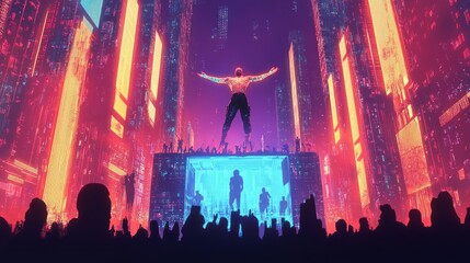 A vibrant digital scene with a performer on stage, surrounded by an enthusiastic crowd.