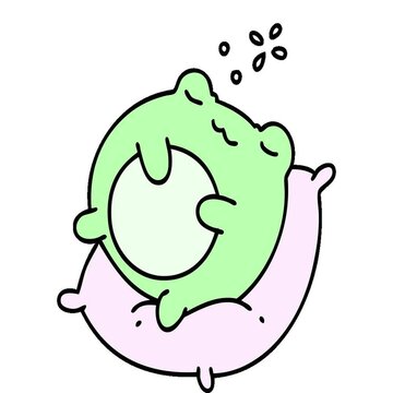 cartoon of a cute frog sleeping on a pillow