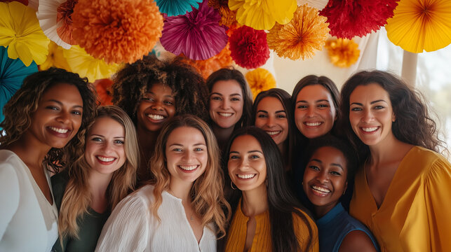 Diverse Group of Happy Women Celebrating Together with Colorful Decor