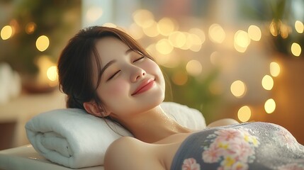 Naklejka premium Asian young woman feeling happy and relax during back massage with oil Attractive beautiful girl lying on massage table getting physiotherapy from masseuse for skin and body care in sp : Generative AI