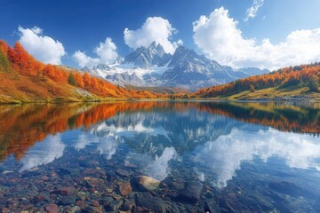 Obraz premium majestic mountain landscape reflected in crystalclear alpine lake vibrant colors dramatic sky untouched wilderness