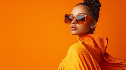 A stylish fashion model girl in a designer orange cloak dress and trendy sunglasses poses on an orange studio background Summer collection Braided hairstyle High Fashion shot : Generative AI
