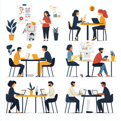 Fototapeta premium A group of people are sitting at tables in a workspace. There are several potted plants in the room, and some people are using laptops. Scene is that of a busy, professional environment