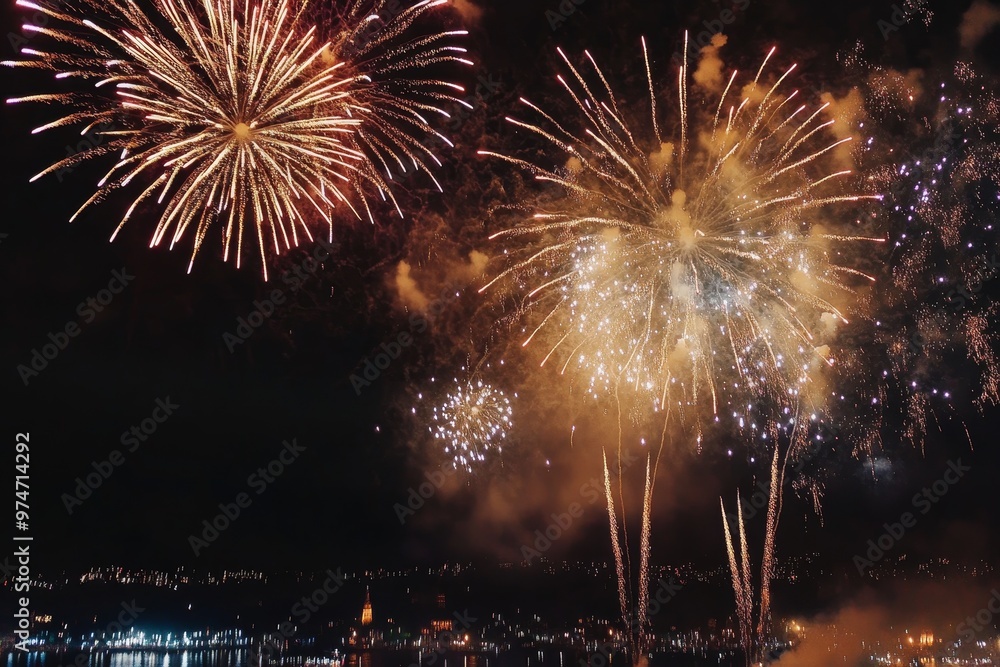 Poster stunning new year fireworks display against a dark background with ample space for text