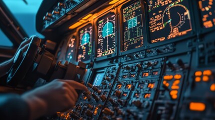Close-up of the airplane cockpit instruments, focusing on the controls and monitors showing flight data, with hands on the yoke.
