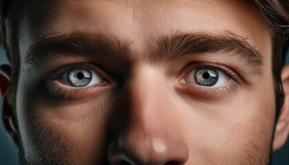 Naklejka premium Extreme Close-Up of Young Man's Intense Eyes and Detailed Facial Features, Highlighting Natural Skin Texture, Eyebrows, and Eyelashes in High-Definition Photography