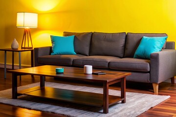 Fototapeta premium Interior of modern living room with grey sofa, wooden coffee table and glowing lamps at evening