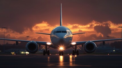Commercial airplane on the runway prepares for takeoff at sunset.