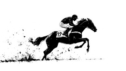 Naklejka premium Black Silhouette of jockey at a horse race on a white background.