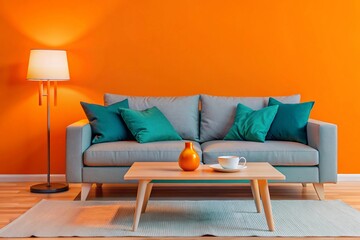 Interior of modern living room with grey sofa, wooden coffee table and glowing lamps at evening
