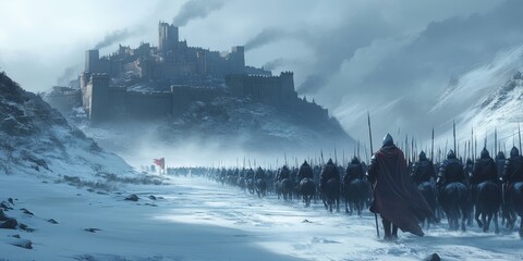 A snowy landscape with a fortress and soldiers marching.