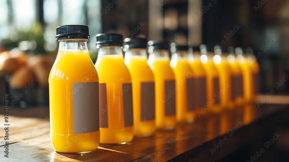 Poster juice bottles with blank label : generative ai