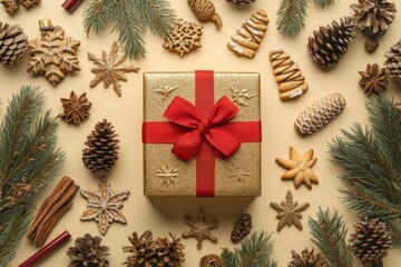 Fototapeta premium Elegant christmas decor composition on gold background featuring gifts, cookies, and pine elements