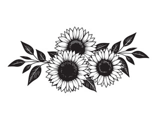 Fototapeta premium Hand drawn pen and ink sunflower bouquet isolated on white background. Vector Illustration