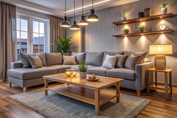 Interior of modern living room with grey sofa, wooden coffee table and glowing lamps at evening