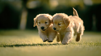 Two Golden Retriever puppies energetically play with each other on a grassy field