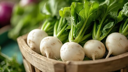 A basket filled with fresh white radishes, each with crisp green leaves attached, showcasing the freshness and quality of these vegetables, ideal for a market or healthy lifestyle theme.