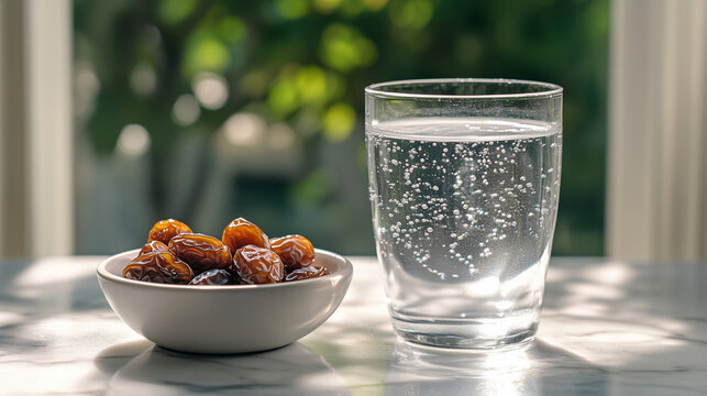 Dates in White Bowl with Sparkling Water on Sunny Table