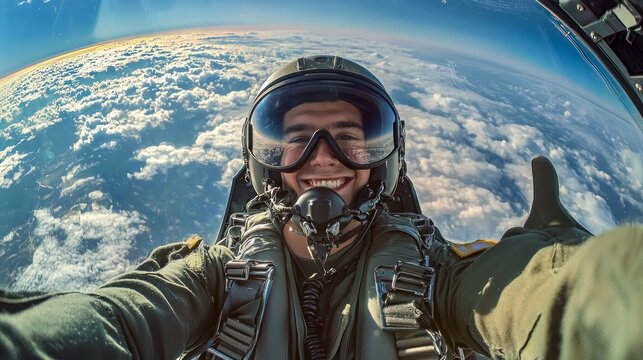 Fighter pilots thumbs up, cockpit view under cloudy blue sky