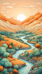 Set of wedding invitation with watercolor aquarelle landscape mountain background. 