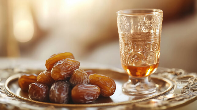 Traditional Dates with Ornate Glass on Decorative Tray in Warm Light