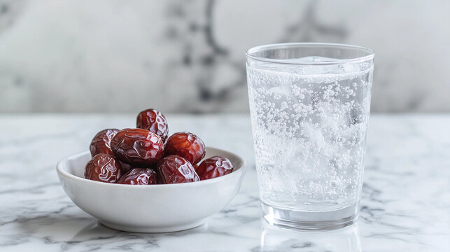 Bowl of Dates with Sparkling Water on Marble Background with Light Reflections