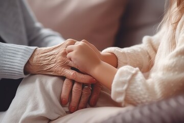 An elderly woman joyfully embraces her granddaughter, celebrating their heartfelt reunion in a cozy, well-lit room filled with warmth and care