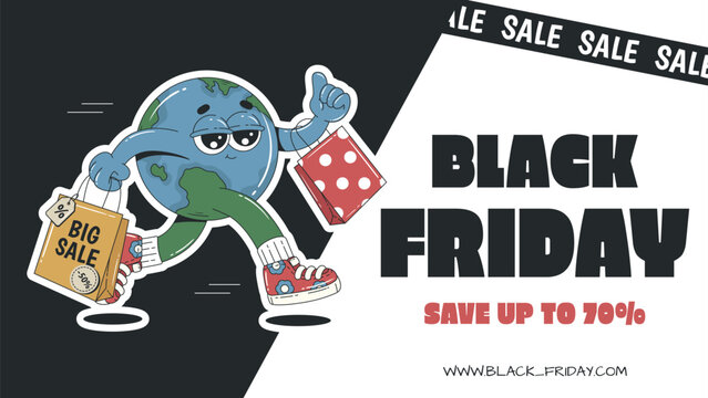 Black Friday Sale horizontal banner with retro Earth character. Template for social media posts, websites, email and advertisement. Groovy style vector illustration.
