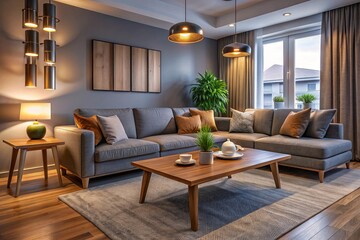 Fototapeta premium Interior of modern living room with grey sofa, wooden coffee table and glowing lamps at evening