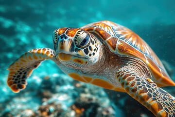 Fototapeta premium majestic sea turtle gliding through crystalclear tropical waters surrounded by vibrant reef fish underwater photography with rich marine colors