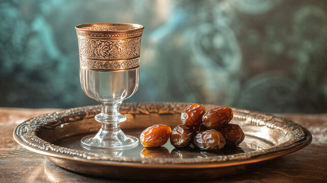 Dates with Water in Elegant Glass on Vintage Tray with Ornate Details