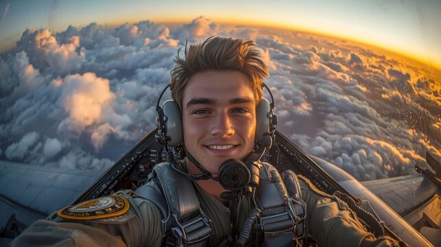 Fighter pilots thumbs up, cockpit view under cloudy blue sky