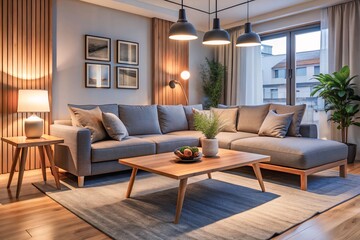Interior of modern living room with grey sofa, wooden coffee table and glowing lamps at evening