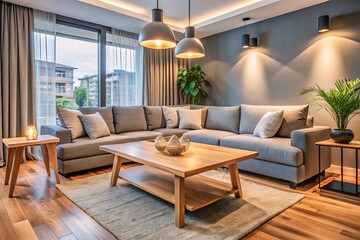 Interior of modern living room with grey sofa, wooden coffee table and glowing lamps at evening