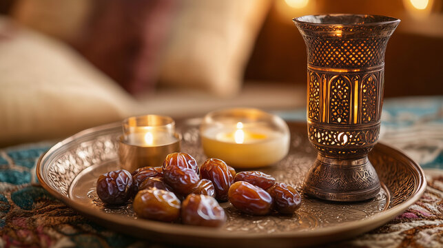 Dates with Ornate Candle Holder on Decorative Tray with Cozy Atmosphere