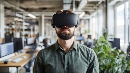 A man wearing a virtual reality headset stands in a modern office environment, indicating engagement with technology.