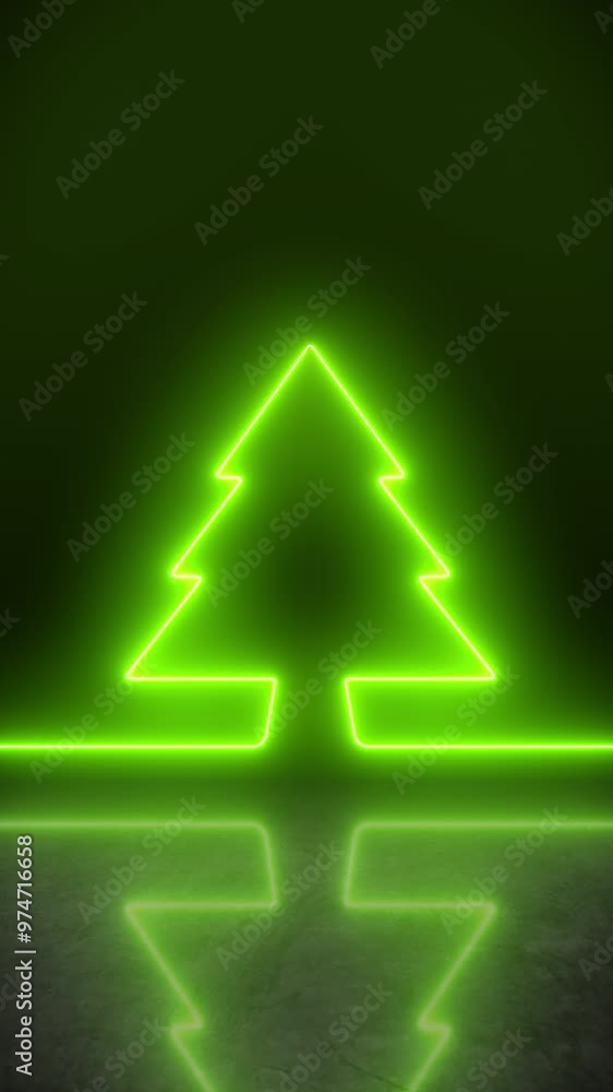 Poster vertical video animation of glowing neon christmas tree in green on reflective floor - abstract back