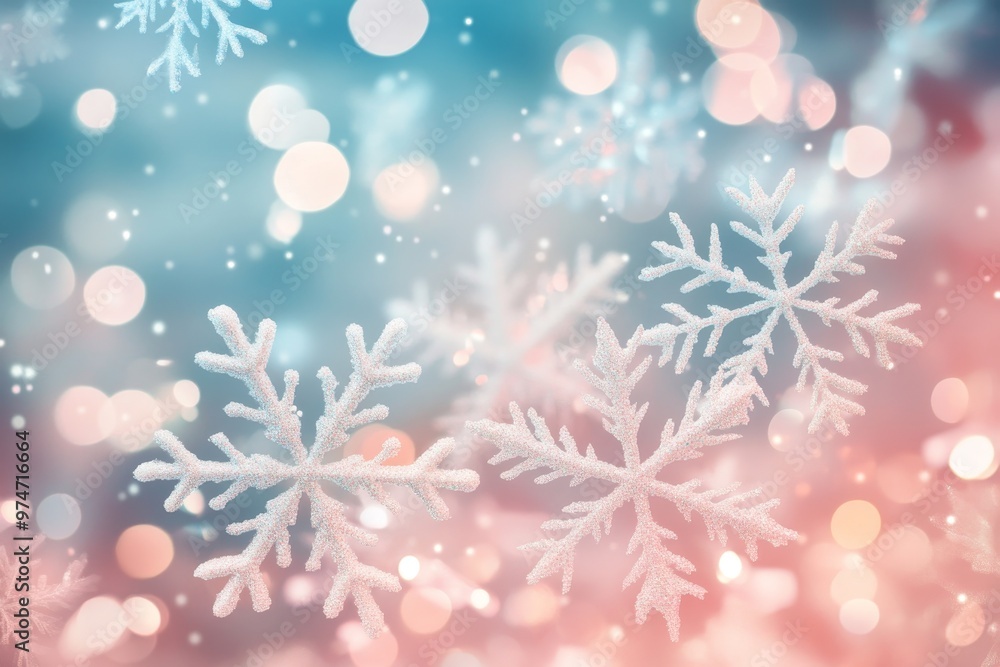 Poster pastel christmas background featuring snowflakes and bokeh lights in a minimalistic vector design