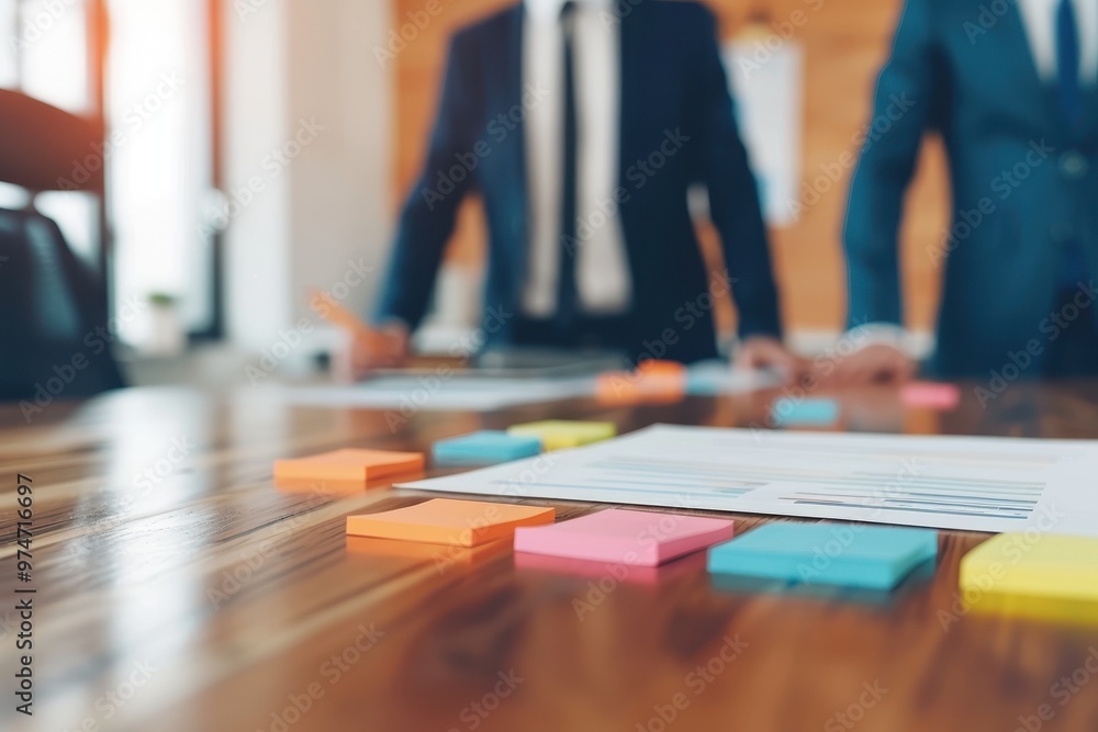 Poster executives in suits stand near a conference table reviewing documents and colorful sticky notes, foc
