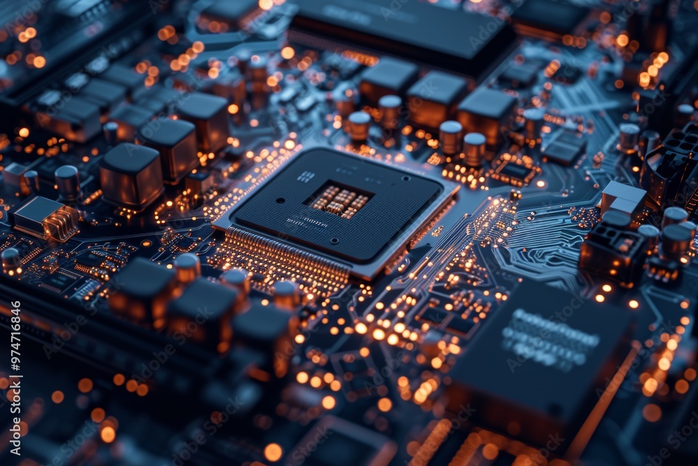 Poster a motherboard featuring intricate electronic components and a powerful processor illustrates the adv